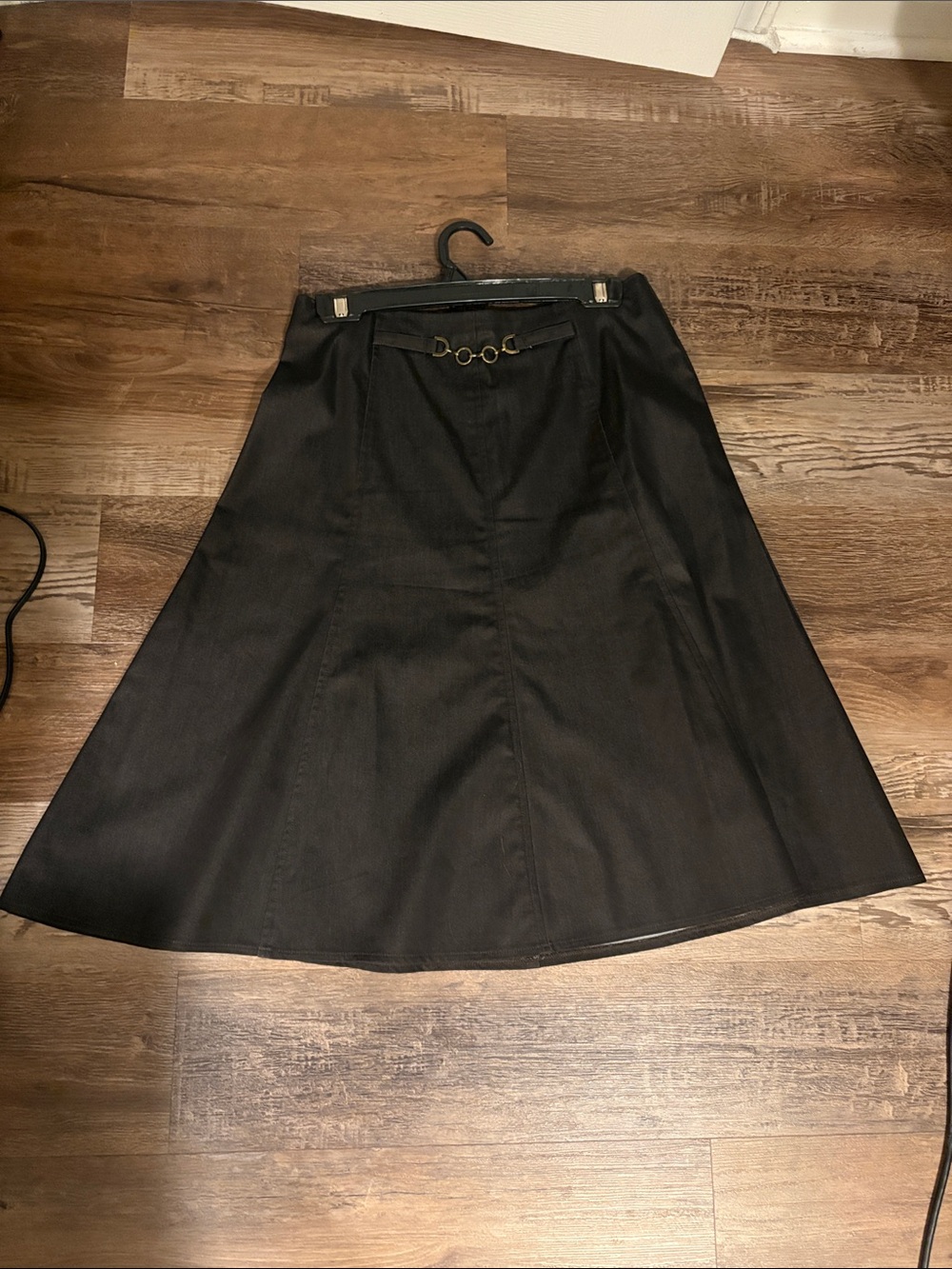 Classic Black A-Line Midi Skirt with Gold Ring Accent